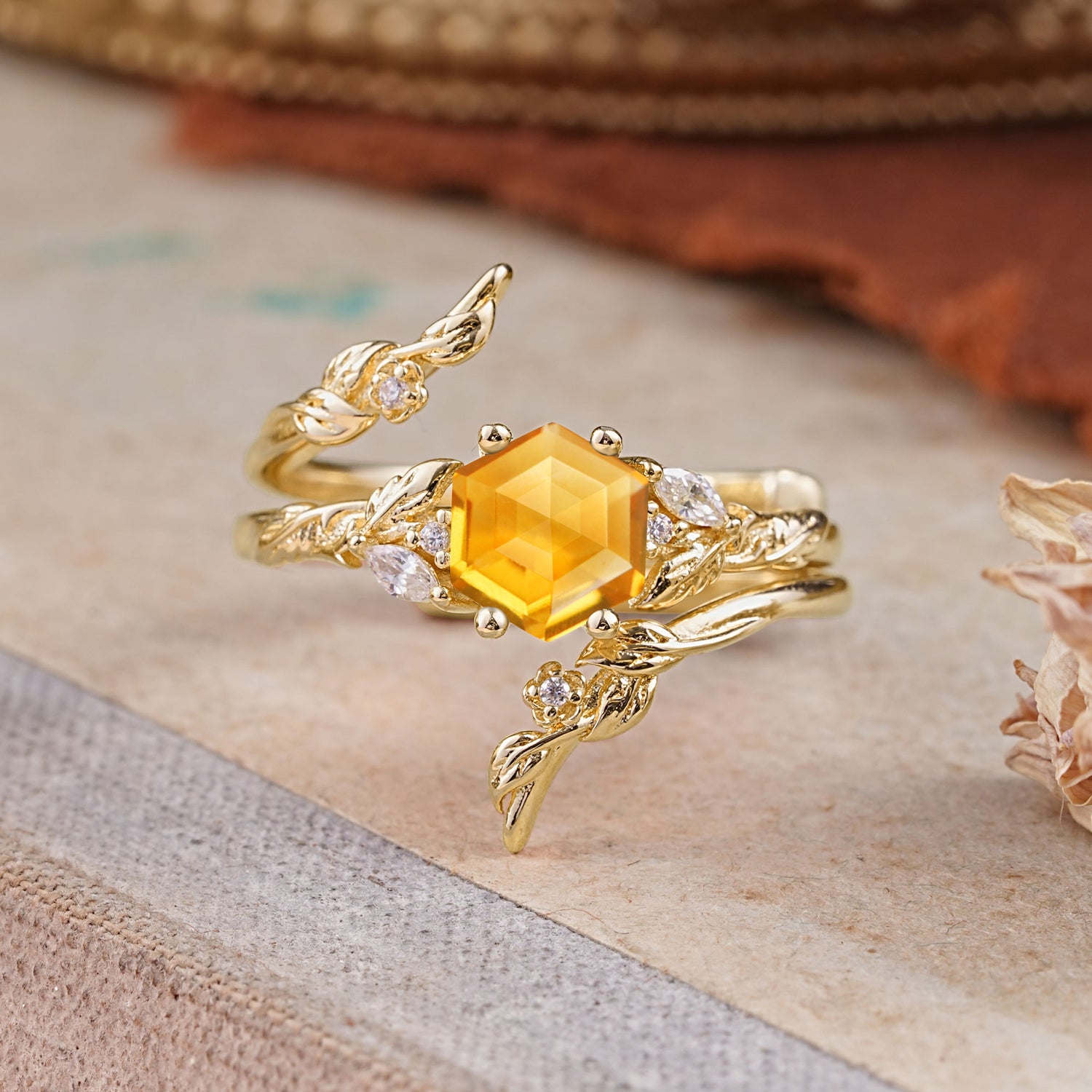 Botanical 4 Prong Hexagon Citrine Bridal Ring Set