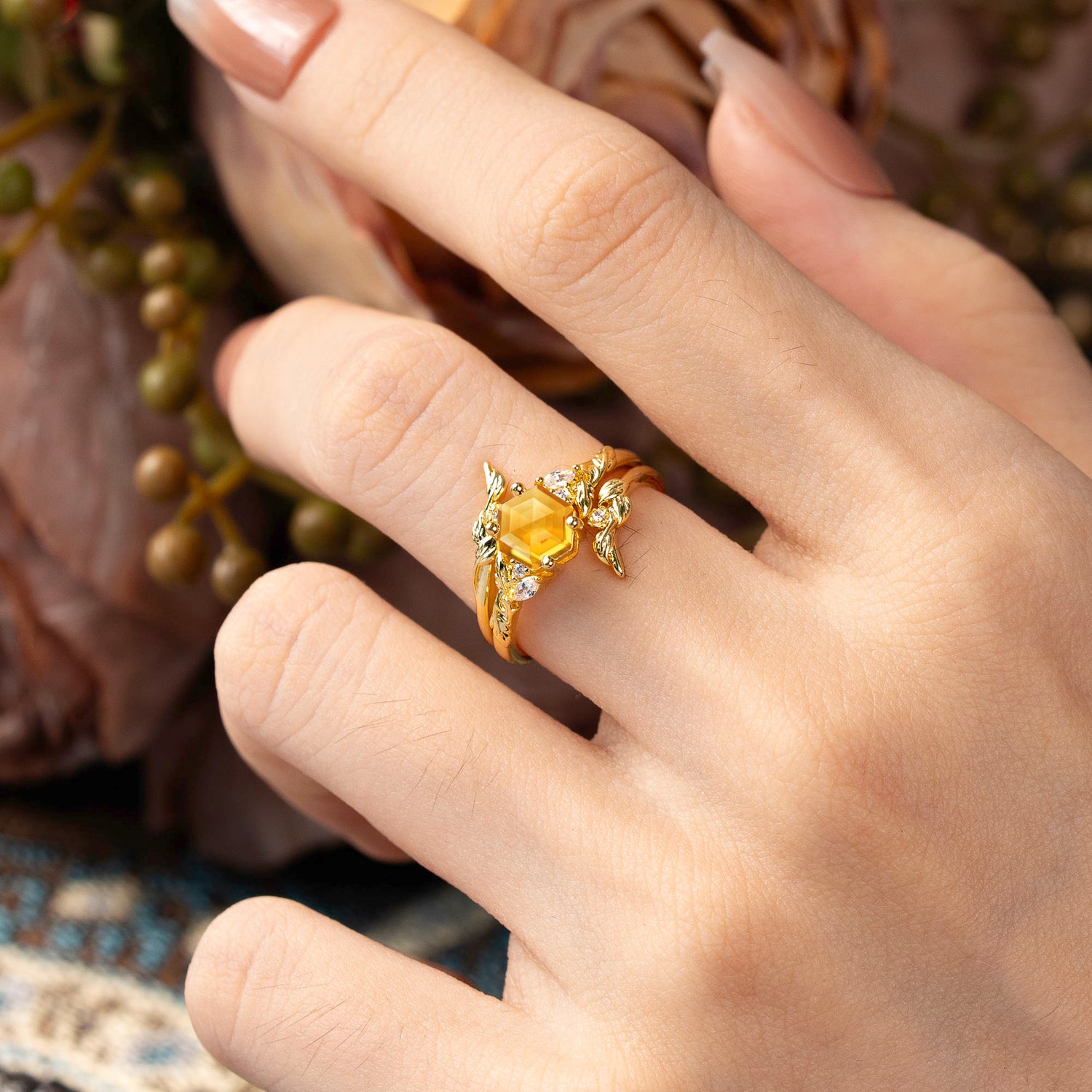 Botanical 4 Prong Hexagon Citrine Bridal Ring Set