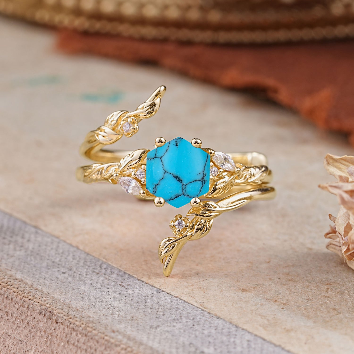 Botanical Hexagon Turquoise Bridal Ring Set