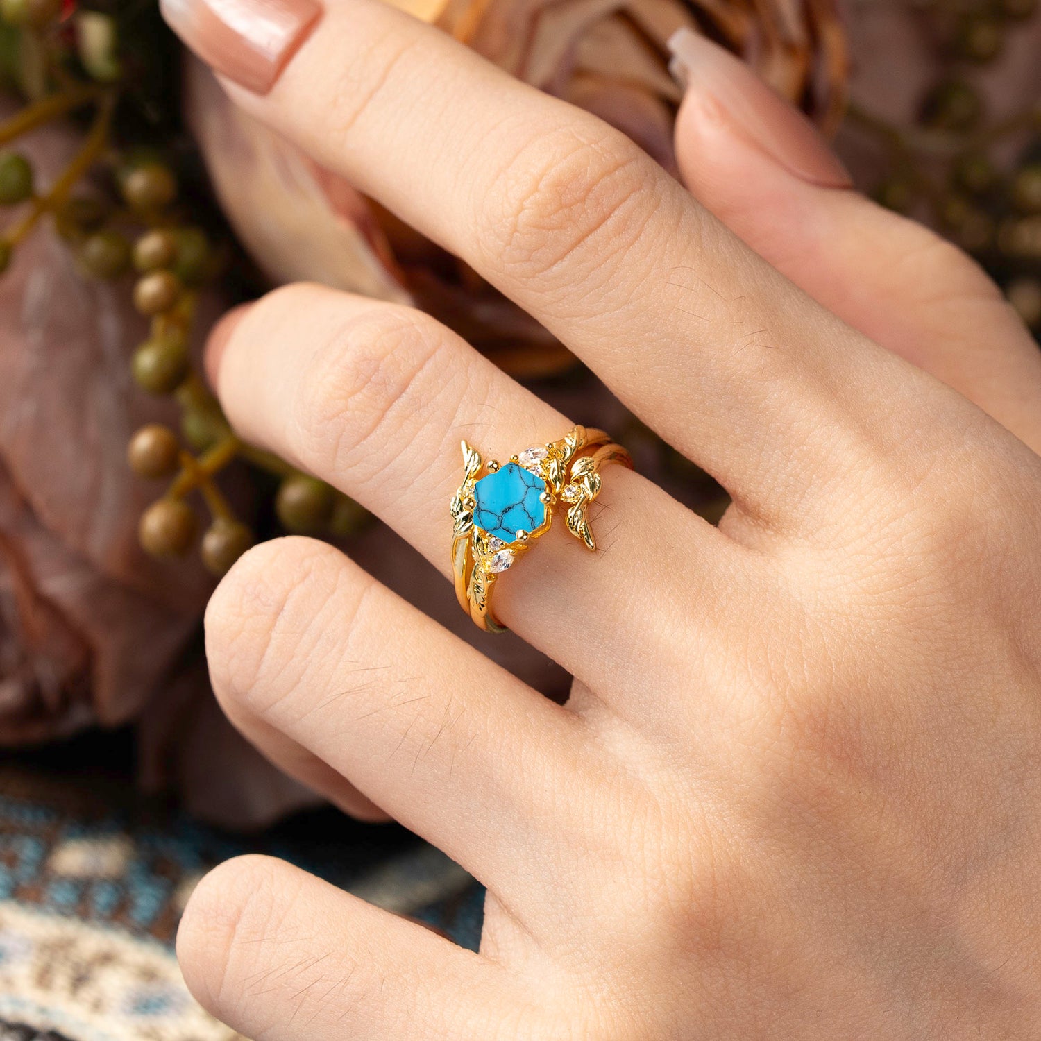 Botanical Hexagon Turquoise Bridal Ring Set