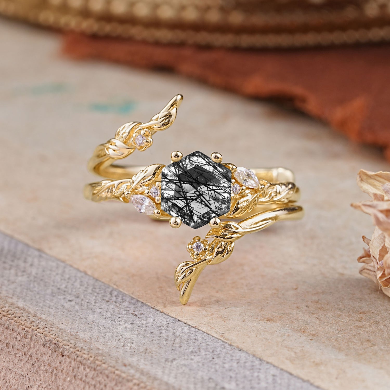 Botanical 4 Prong Hexagon Black Rutilated Quartz Bridal Ring Set