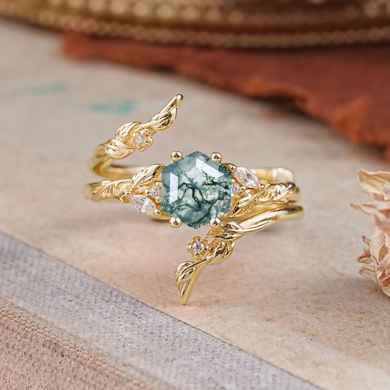 Botanical Hexagon Moss Agate Engagement Ring Suite