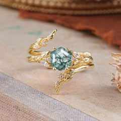 Botanical Hexagon Moss Agate Engagement Ring Suite