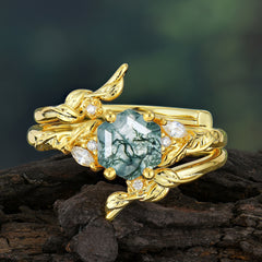 Botanical Hexagon Moss Agate Engagement Ring Suite