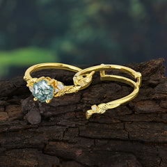 Botanical Hexagon Moss Agate Engagement Ring Suite