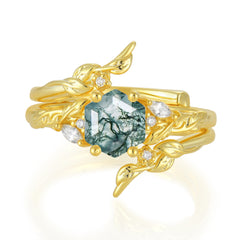 Botanical Hexagon Moss Agate Engagement Ring Suite