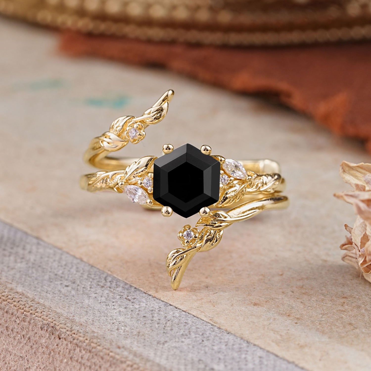 Botanical 4 Prong Hexagon Black Onyx Bridal Ring Set