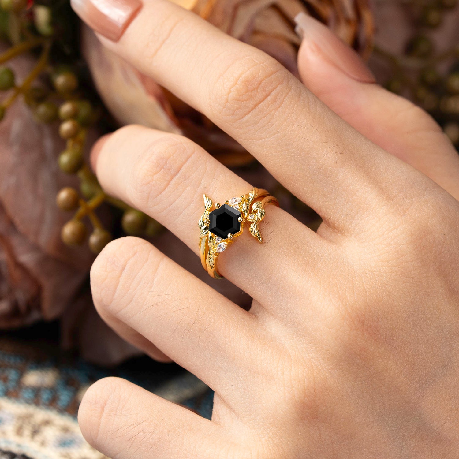 Botanical 4 Prong Hexagon Black Onyx Bridal Ring Set