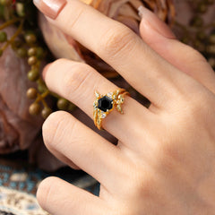 Botanical 4 Prong Hexagon Black Onyx Engagement Ring Suite