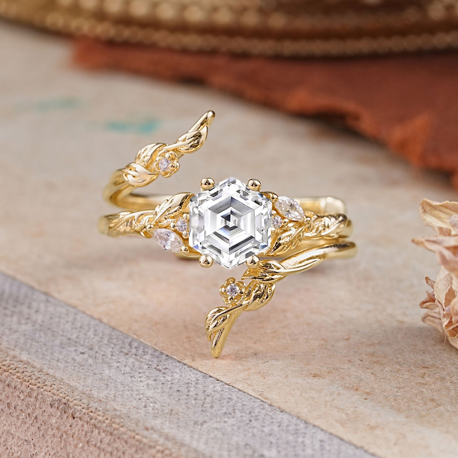 Botanical Hexagon Lab Diamond Bridal Ring Set