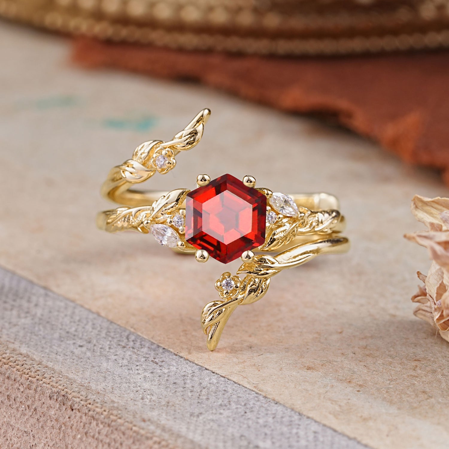 Botanical 4 Prong Hexagon Garnet Bridal Ring Set