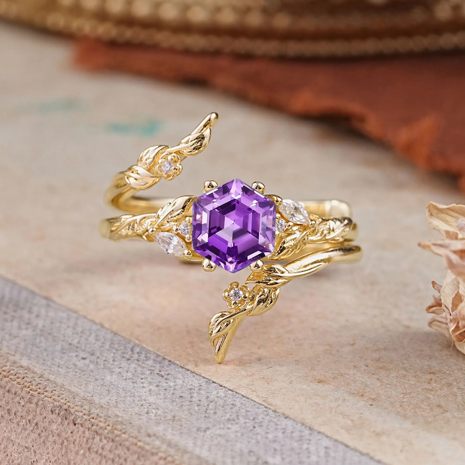 Botanical 4 Prong Hexagon Amethyst Bridal Ring Set