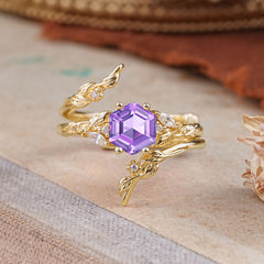 Botanical 4 Prong Hexagon Amethyst Engagement Ring Suite