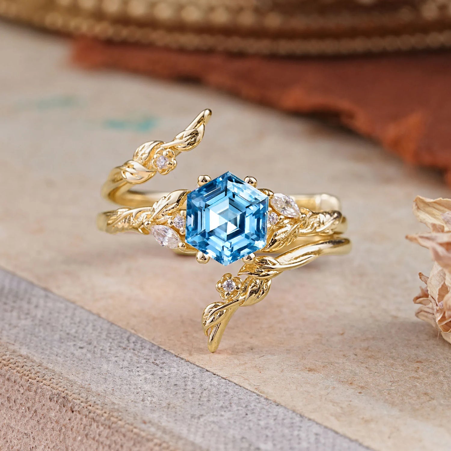 Botanical 4 Prong Hexagon Aquamarine Bridal Ring Set