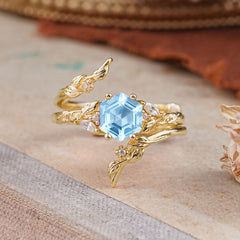 Botanical 4 Prong Hexagon Aquamarine Engagement Ring Suite