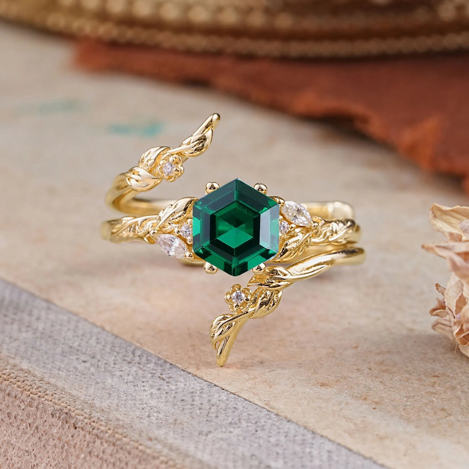 Botanical Hexagon Emerald Bridal Ring Set