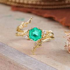 Botanical Hexagon Emerald Engagement Ring Suite