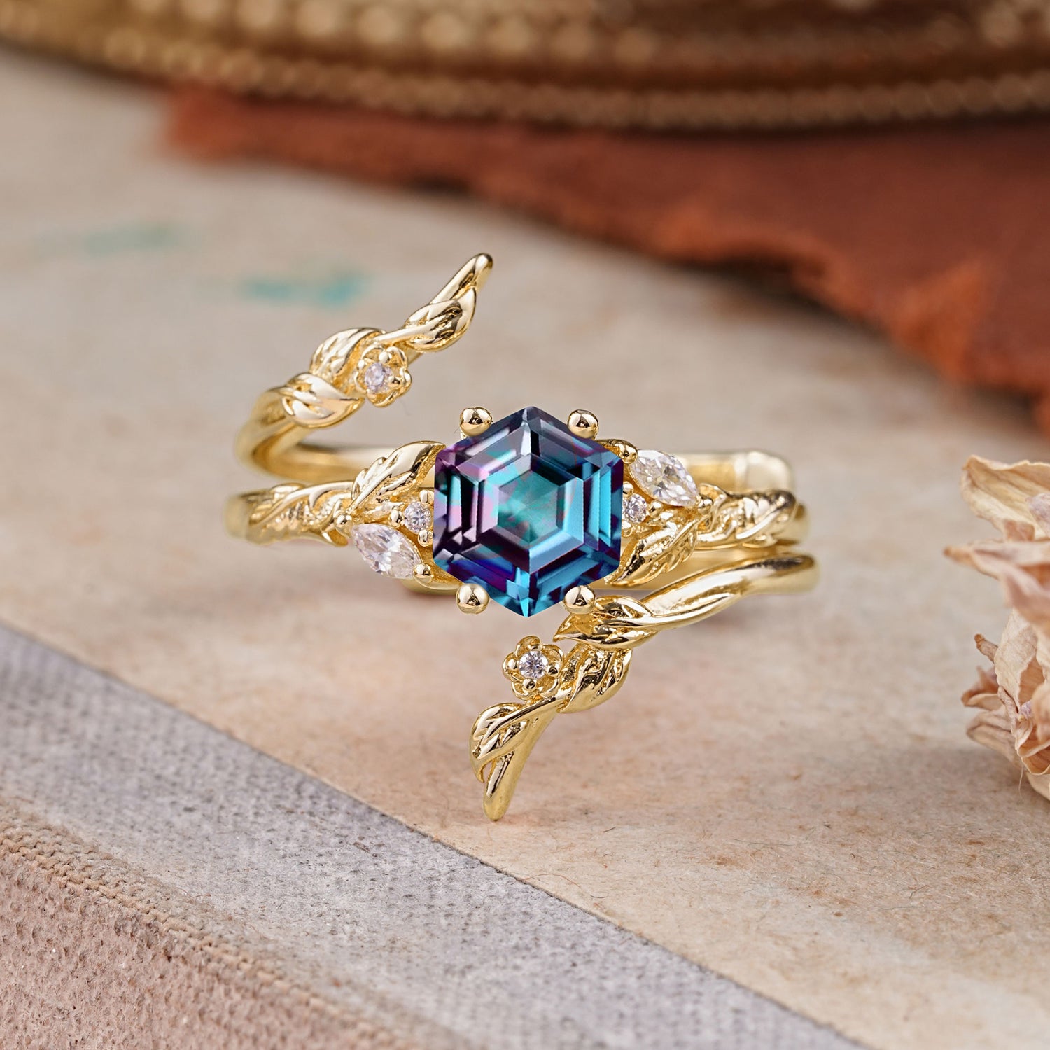 Botanical 4 Prong Hexagon Alexandrite Bridal Ring Set