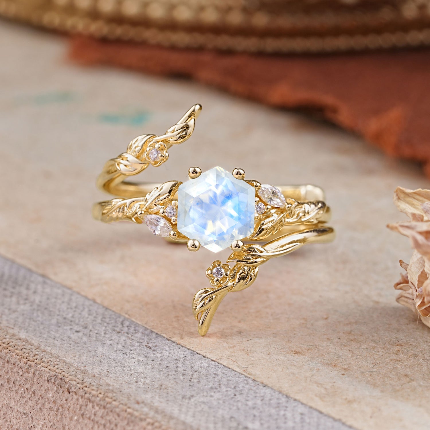 Botanical 4 Prong Hexagon Moonstone Bridal Ring Set