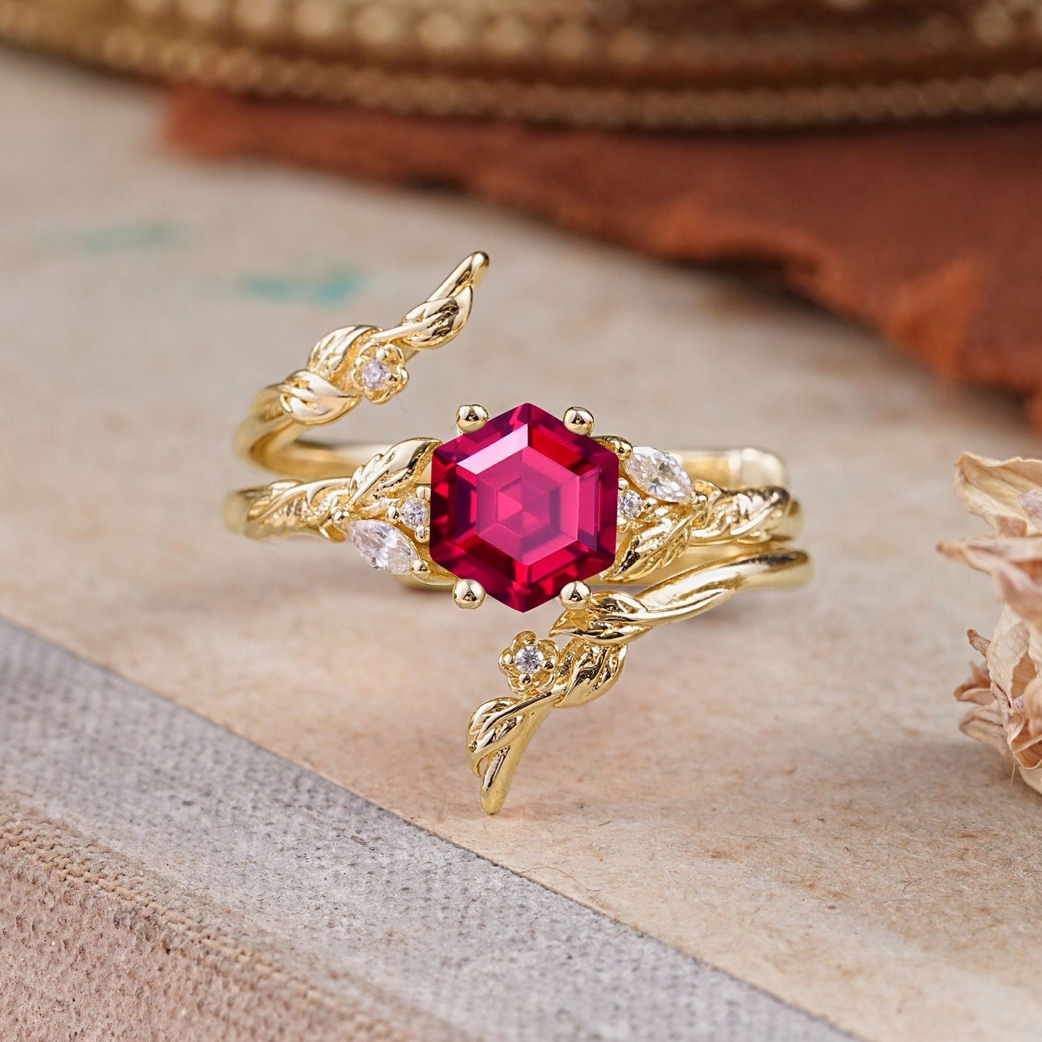 Botanical 4 Prong Hexagon Ruby Bridal Ring Set