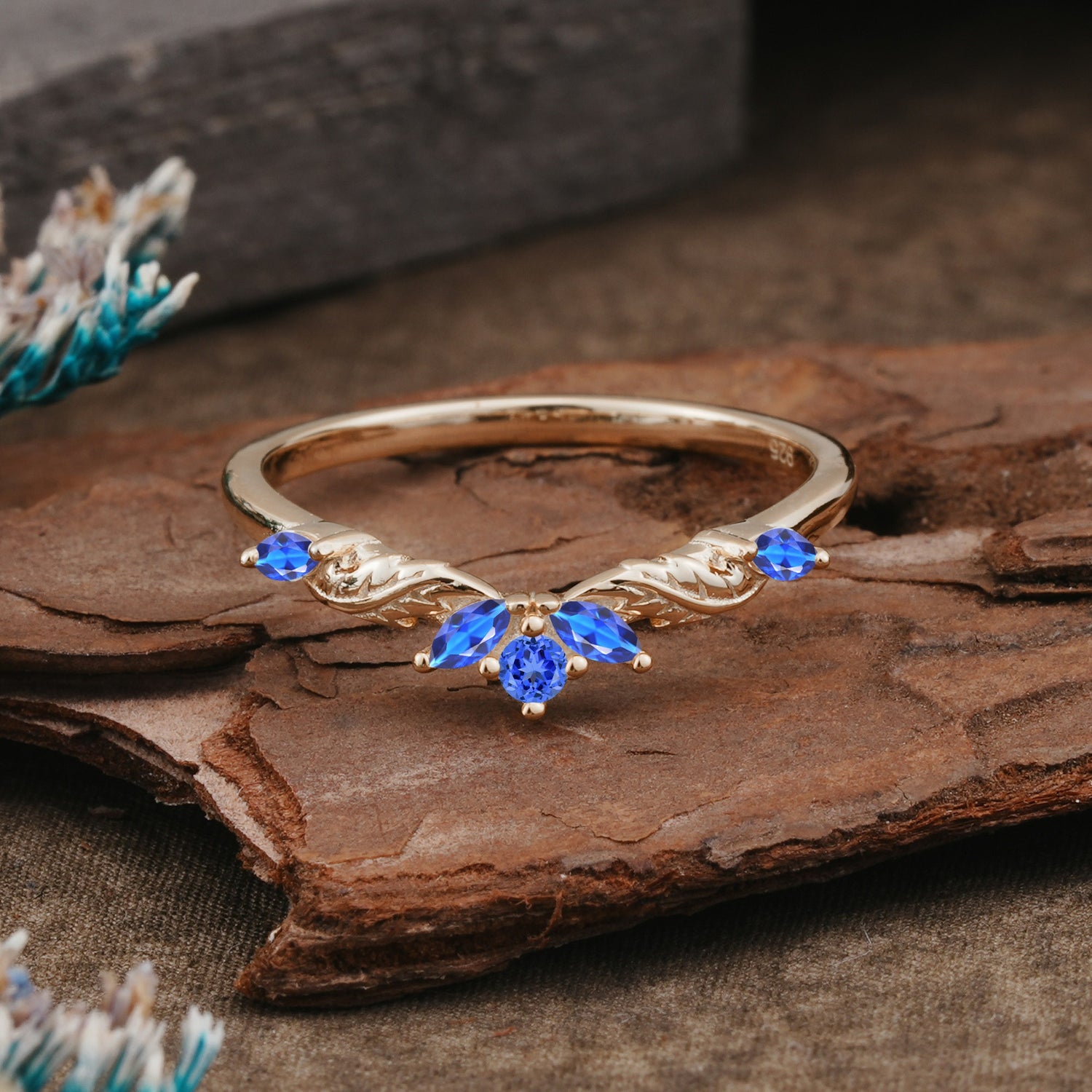 Unique Marquise Cut Curved Sapphire Ring Wedding Ring