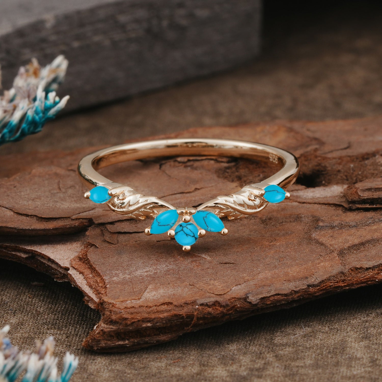 Unique Marquise Cut Curved Turquoise  Ring Wedding Ring