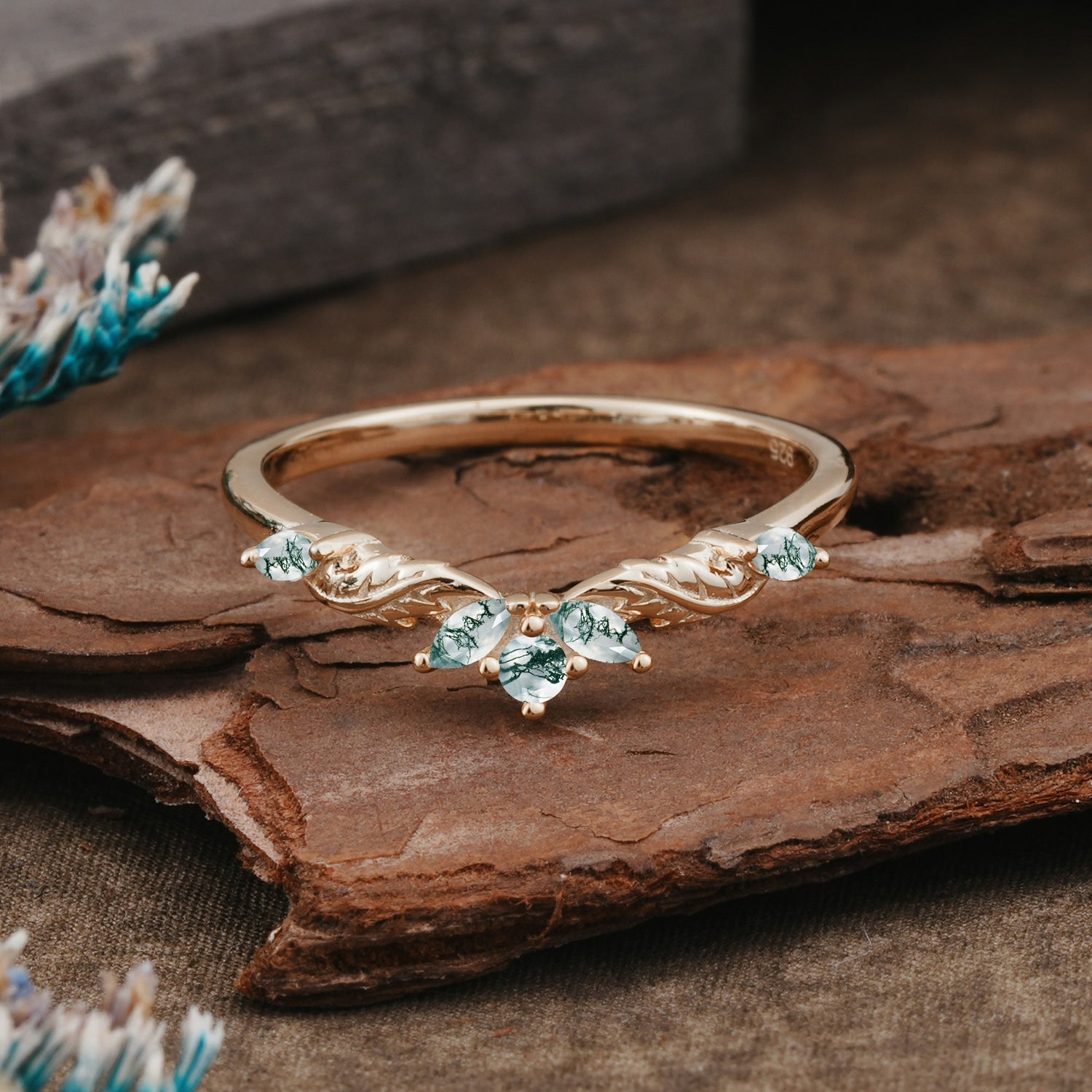 Unique Marquise Cut Curved Moss Agate Ring Wedding Ring