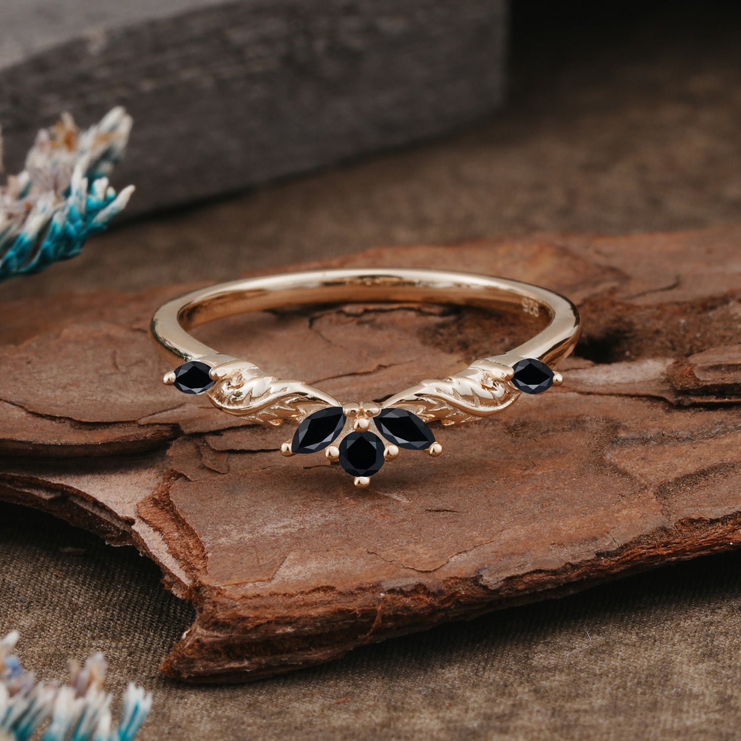 Unique Marquise Cut Curved Black Onyx Ring Wedding Ring - Romalar Jewelry