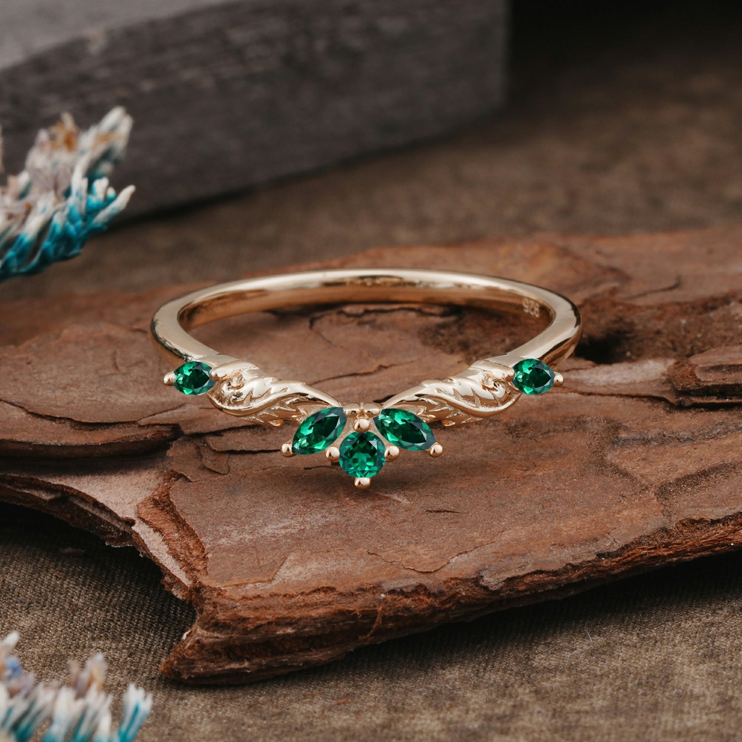 Unique Marquise Cut Curved Emerald Ring Wedding Band