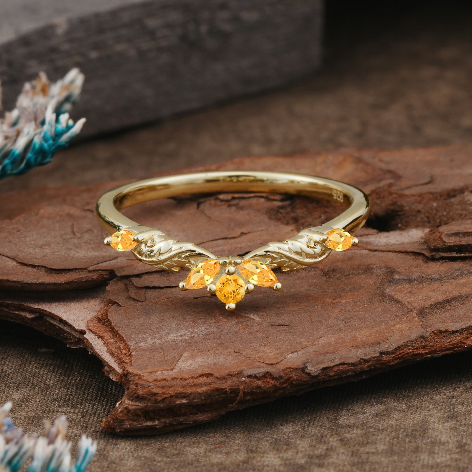 Unique Marquise Cut Curved Citrine Ring Wedding Ring