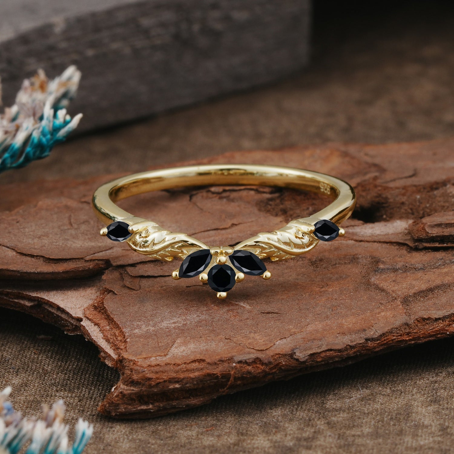 Unique Marquise Cut Curved Black Onyx Ring Wedding Ring - Romalar Jewelry