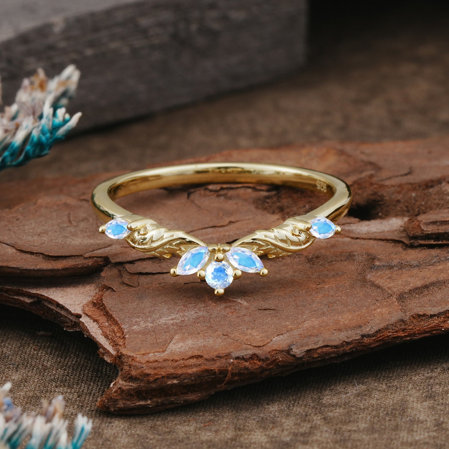 Unique Marquise Cut Curved Moonstone Ring Wedding Band