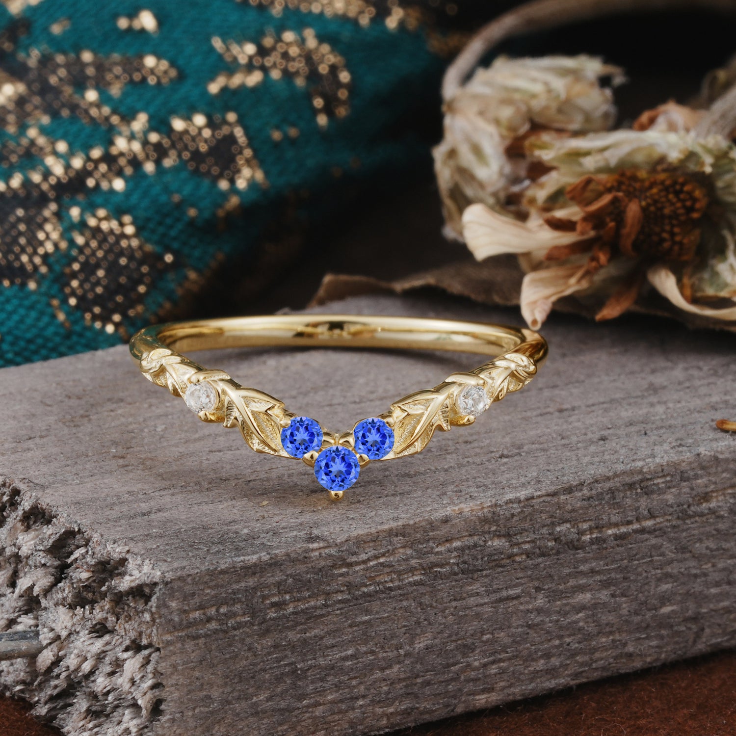 Unique Round Cut Sapphire Curved Wedding Ring - Romalar Jewelry