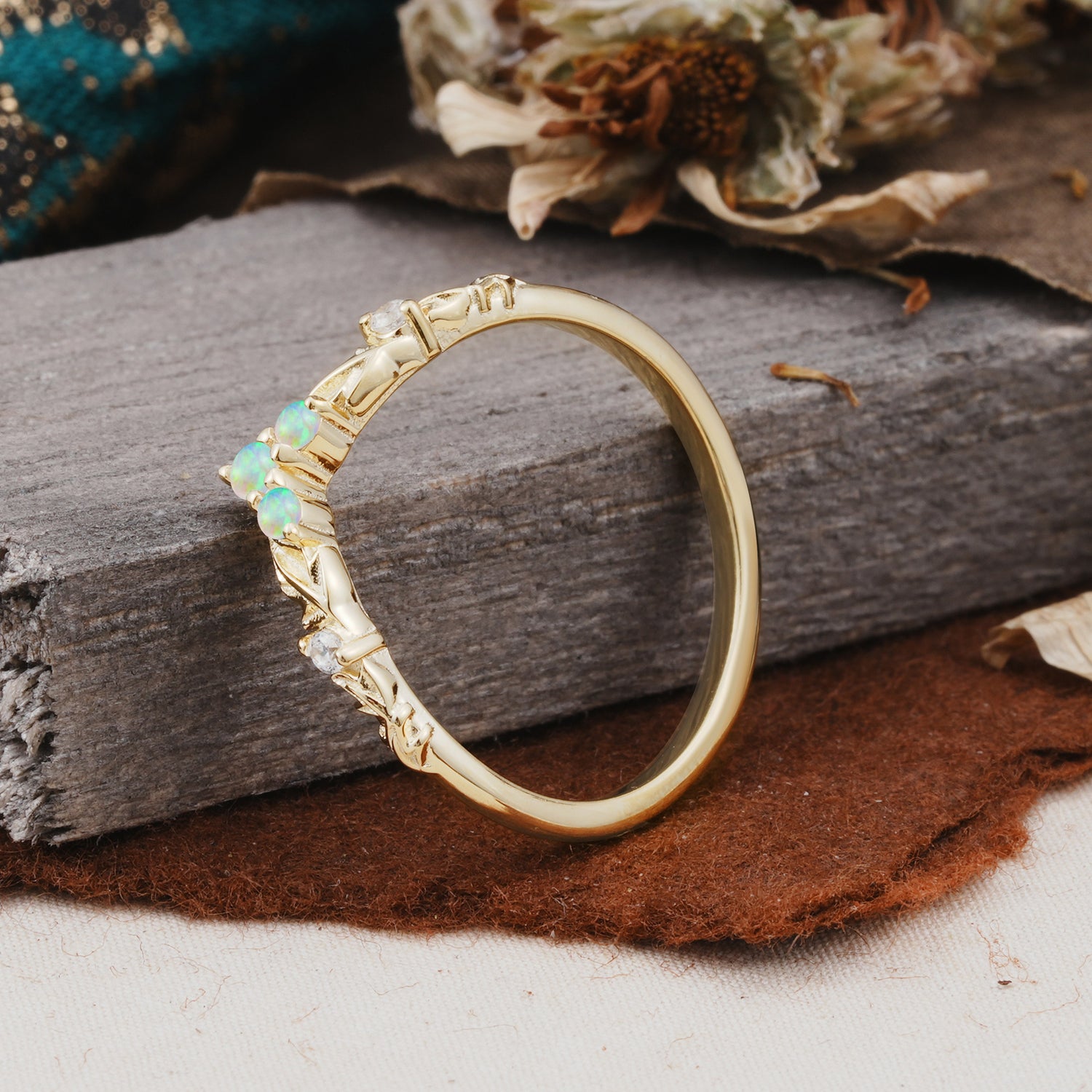 Unique Round Cut Opal Curved Wedding Ring