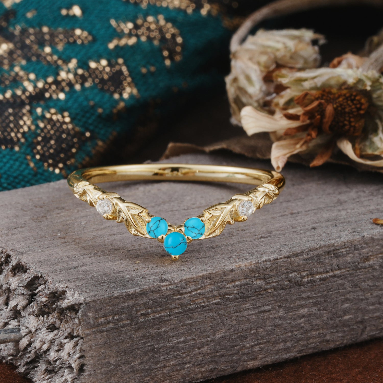 Unique Round Cut Turquoise Curved Wedding Ring