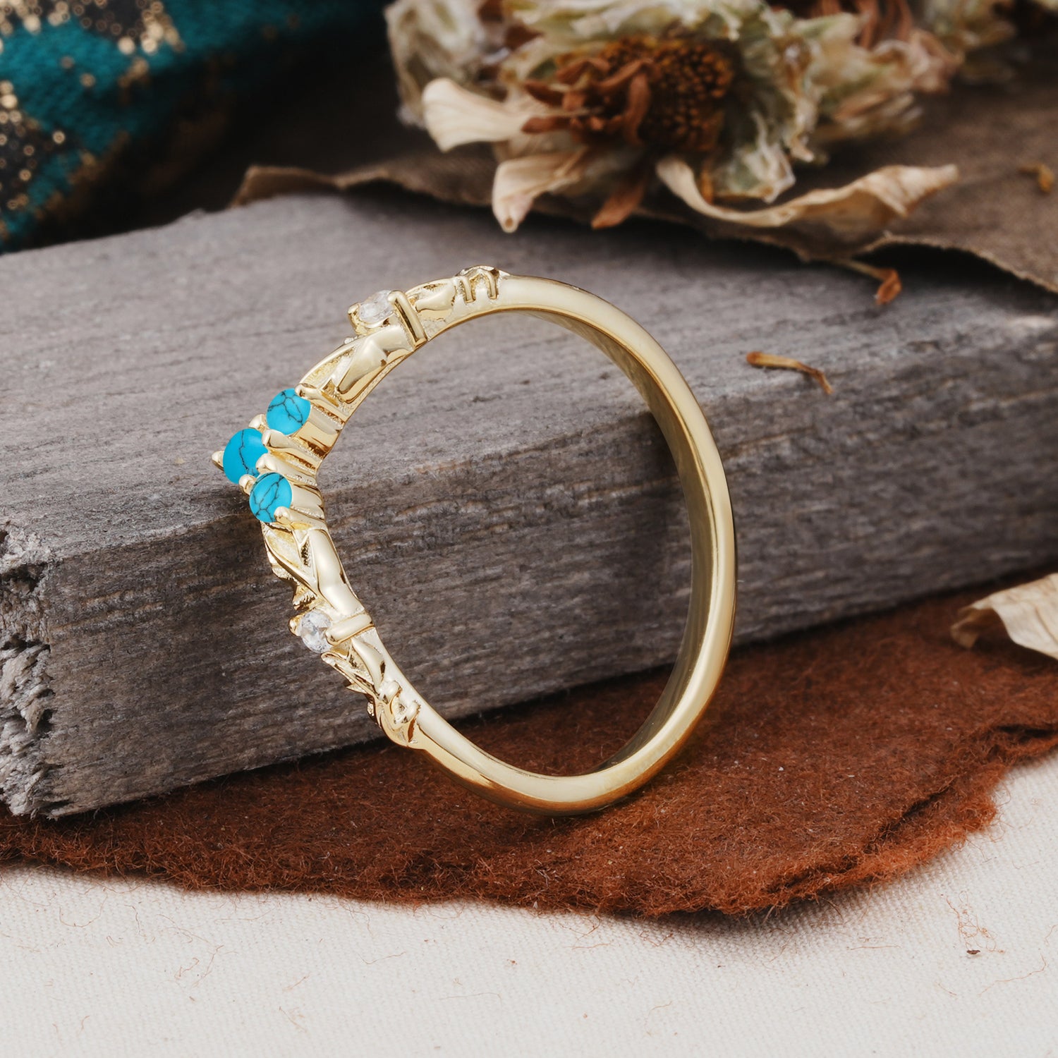 Unique Round Cut Turquoise Curved Wedding Ring