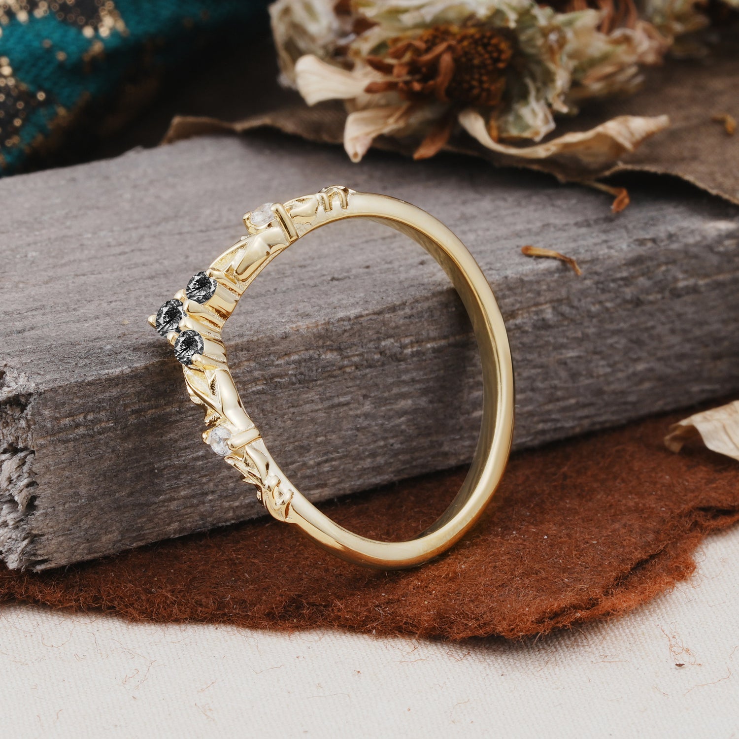 Unique Round Cut Black Rutilated Quartz Curved Wedding Ring