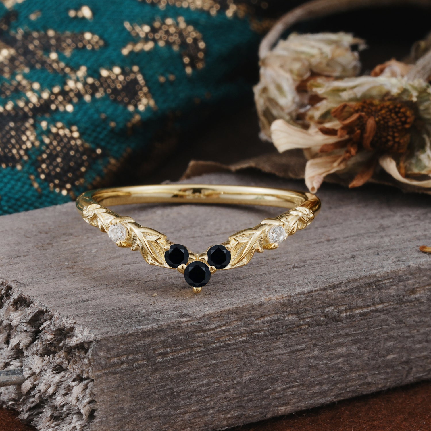 Unique Round Cut Black Onyx Curved Wedding Ring - Romalar Jewelry