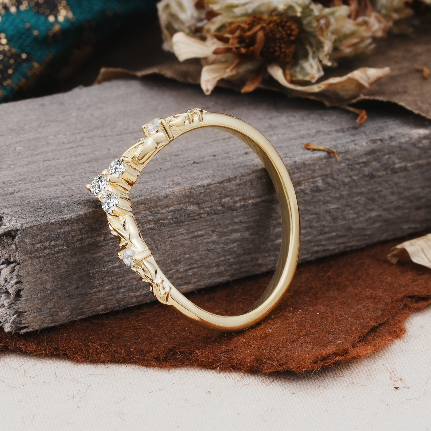 Unique Round Cut Lab Diamond Curved Wedding Ring