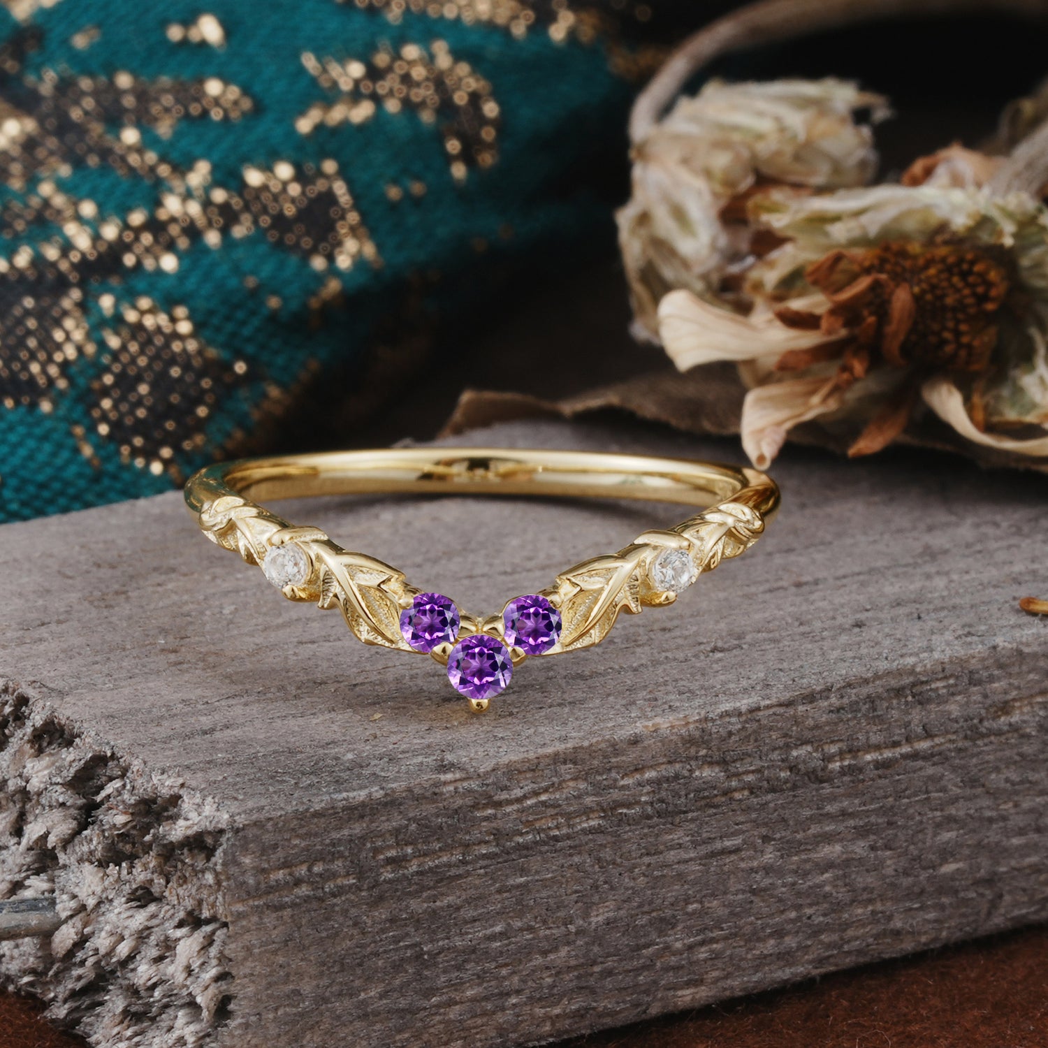 Unique Round Cut Amethyst Wedding Ring for Women