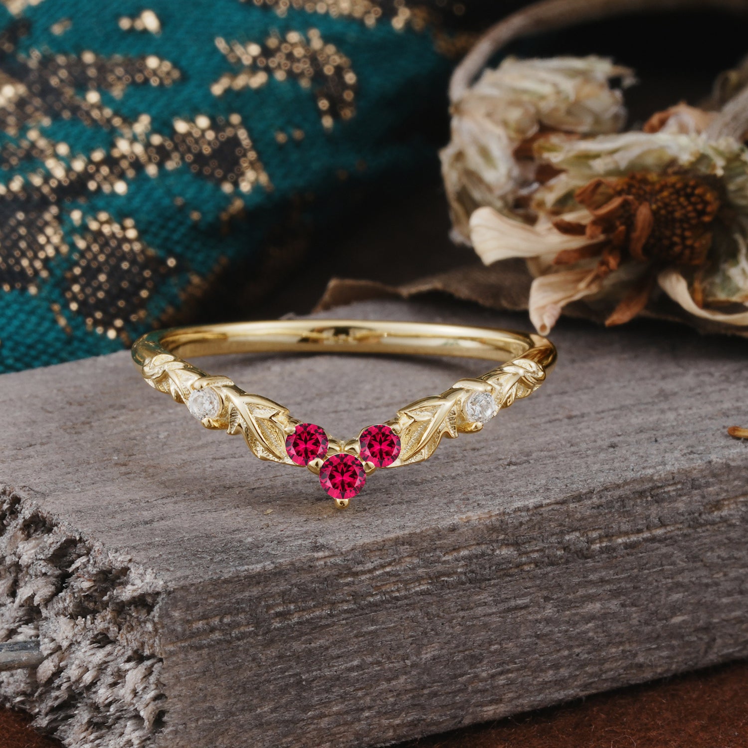 Unique Round Cut Ruby Curved Wedding Ring