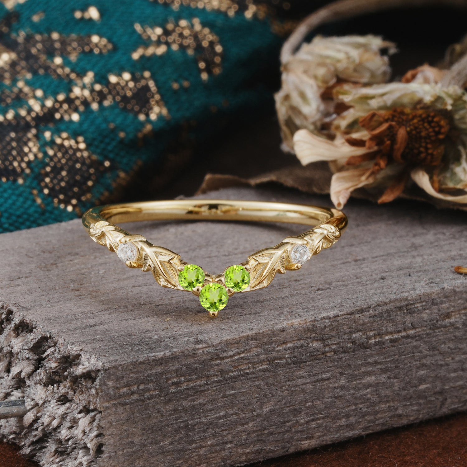 Unique Round Cut Peridot Curved Wedding Ring