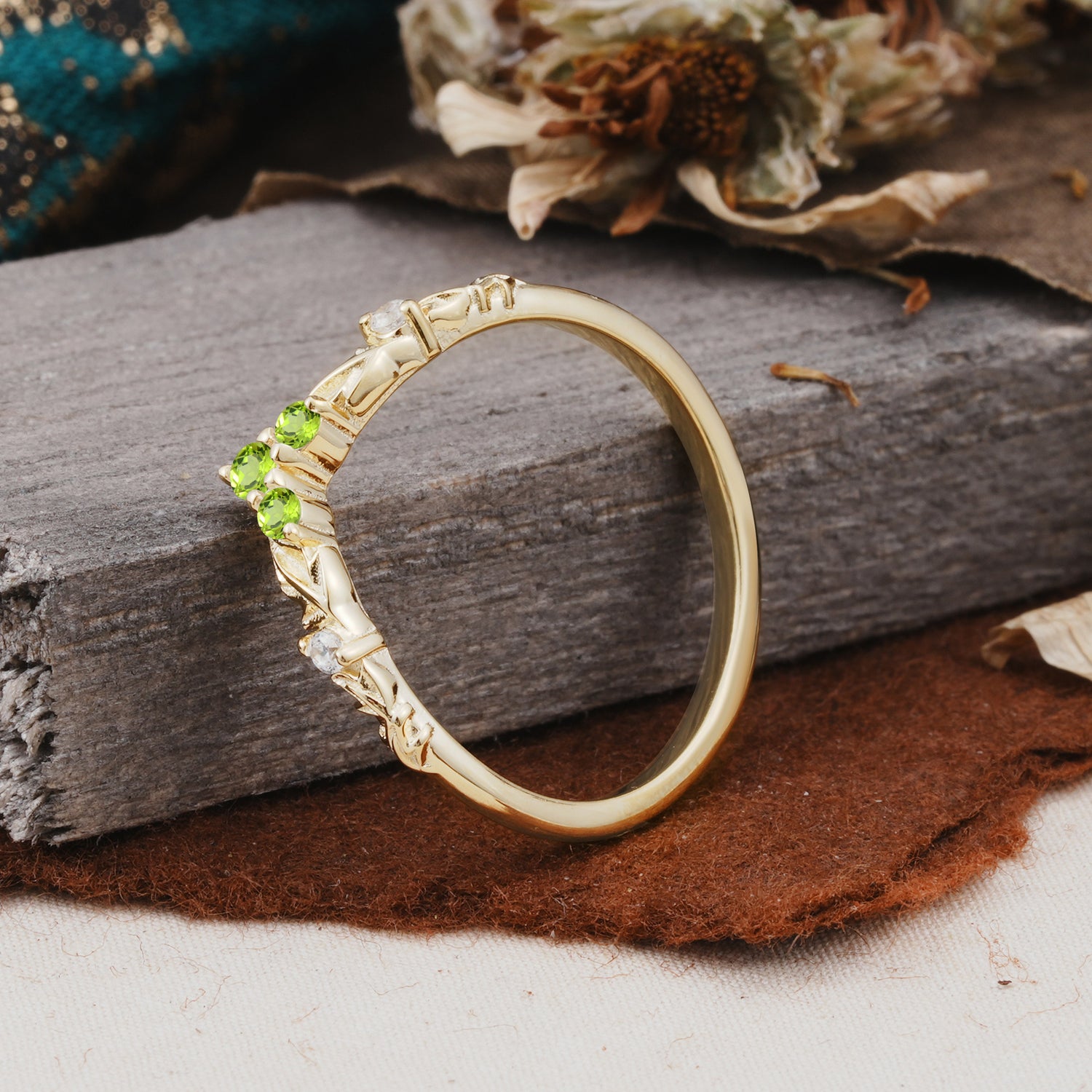 Unique Round Cut Peridot Curved Wedding Ring