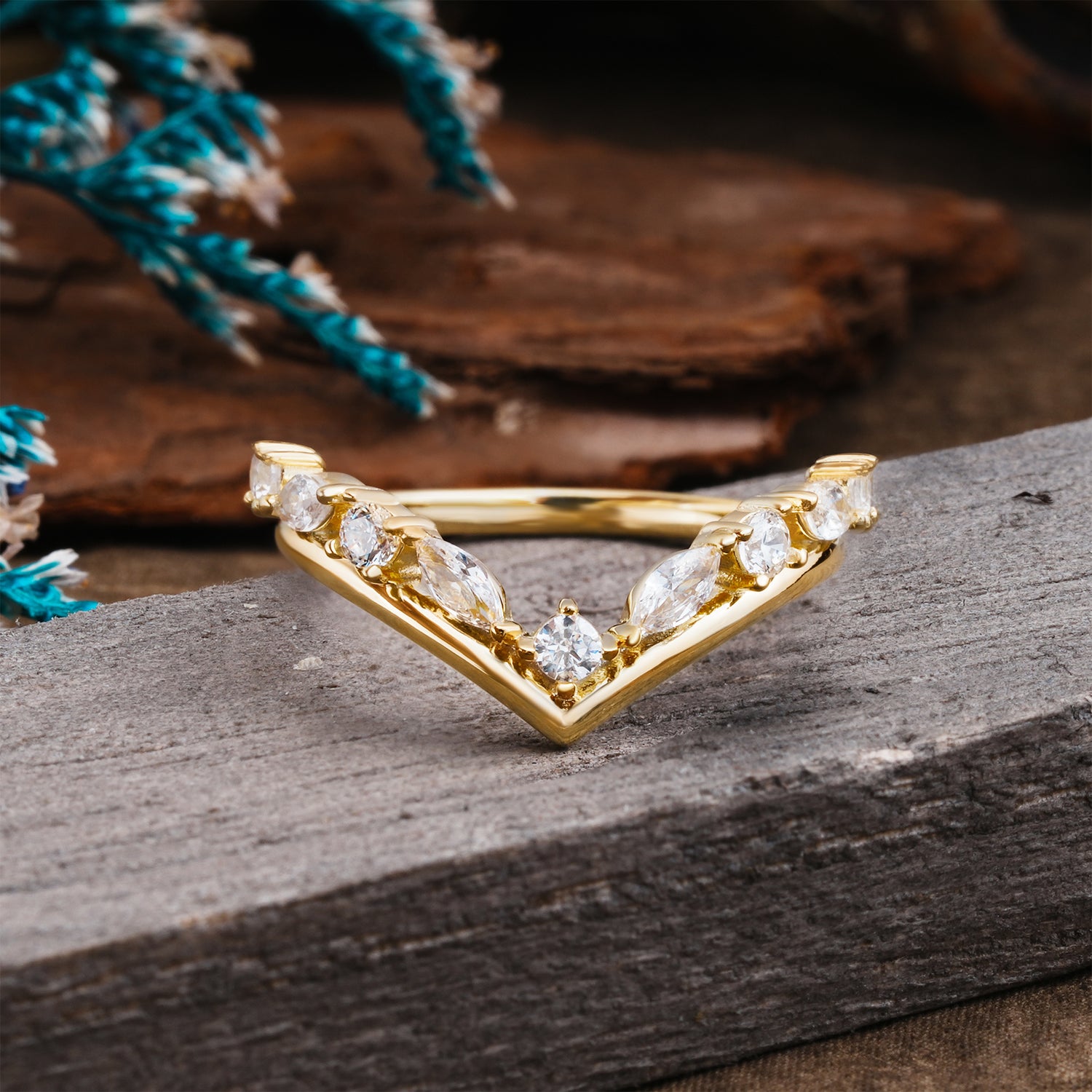 Delicate V-Shaped Chevron Ring Marquise & Round Cut Gemstone Wedding Ring