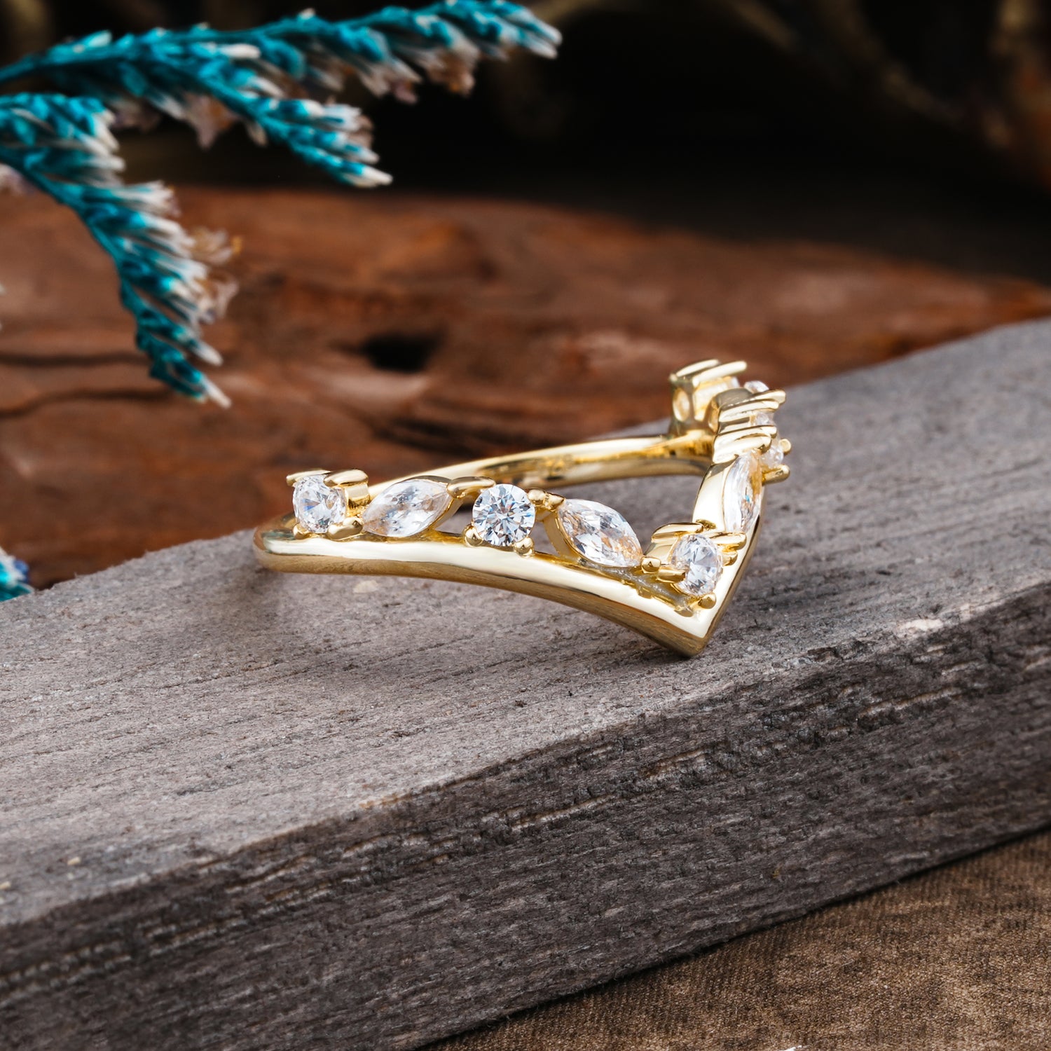 Delicate V-Shaped Chevron Ring Marquise & Round Cut Gemstone Wedding Ring