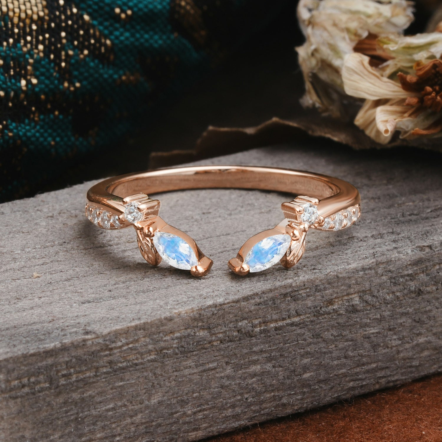 Crown Marquise Cut Moonstone Ring Wedding Band