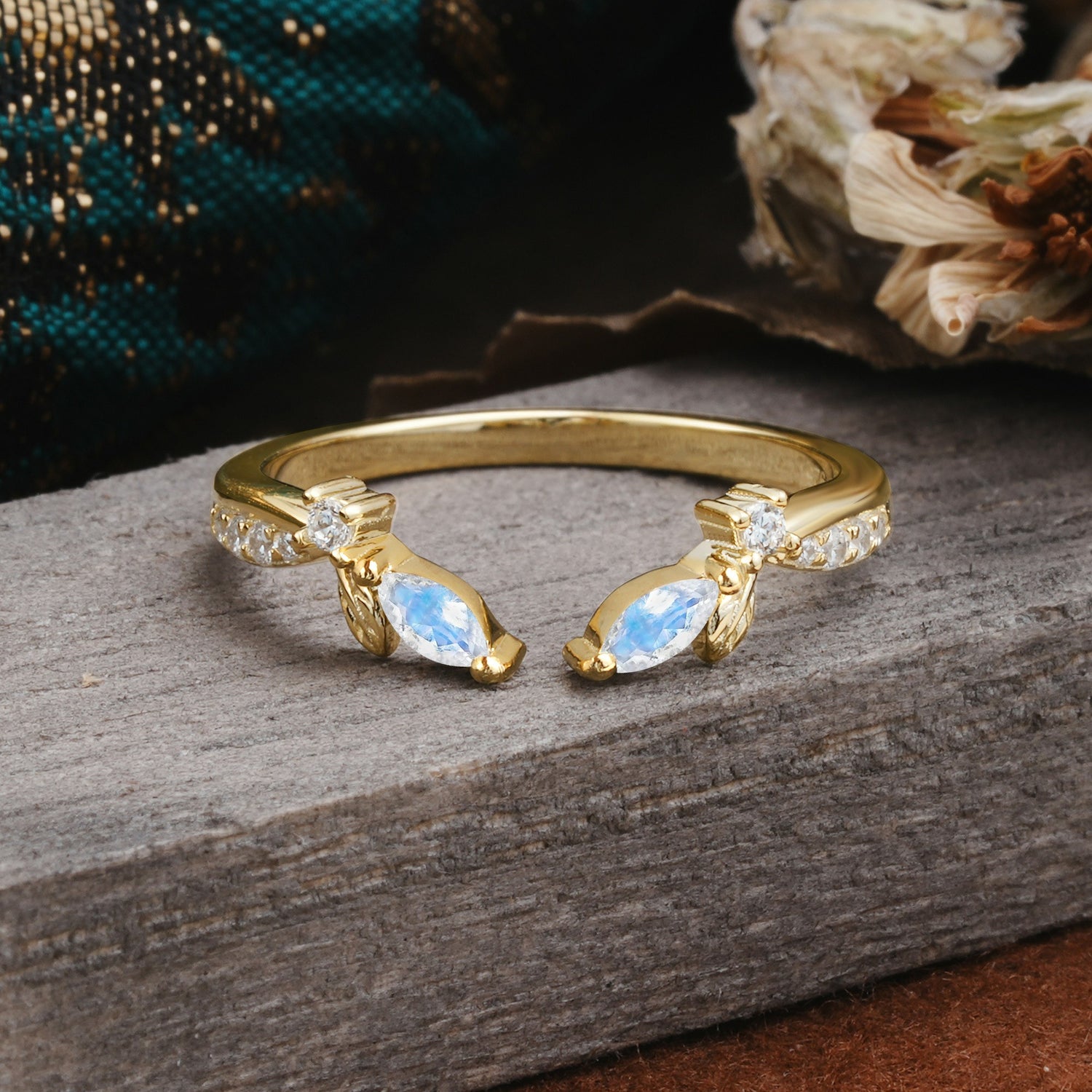 Crown Marquise Cut Moonstone Ring Wedding Band