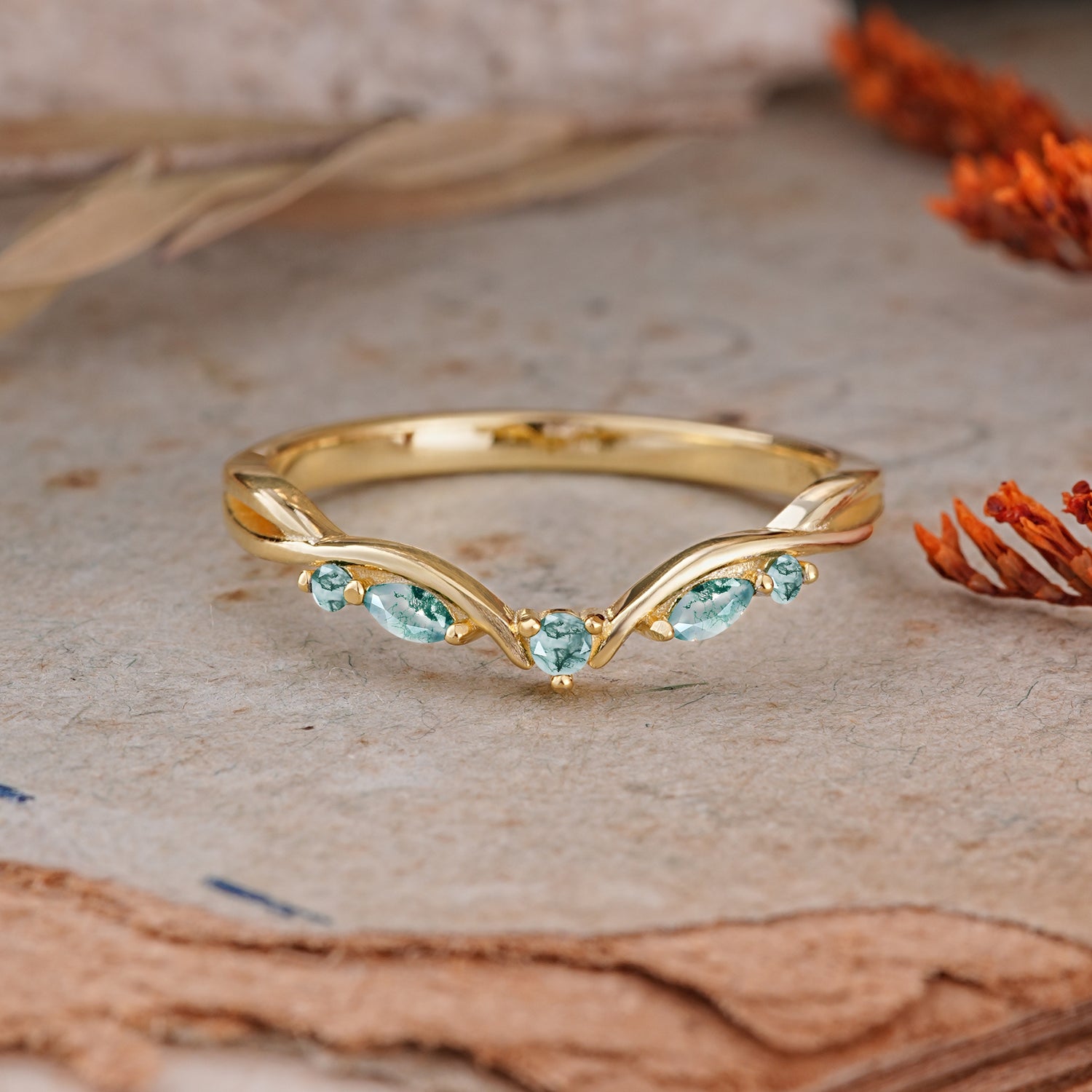 SR17205 Moss Agate Ring - Yellow-Gold