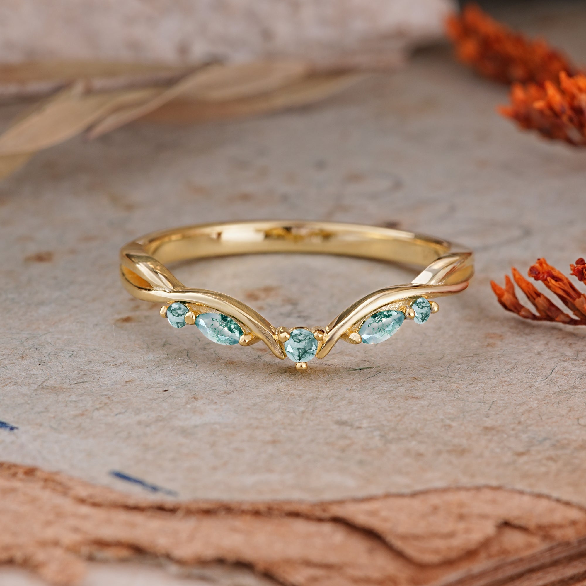 Twisted Vine Moss Agate Curved Wedding Ring - Romalar Jewelry
