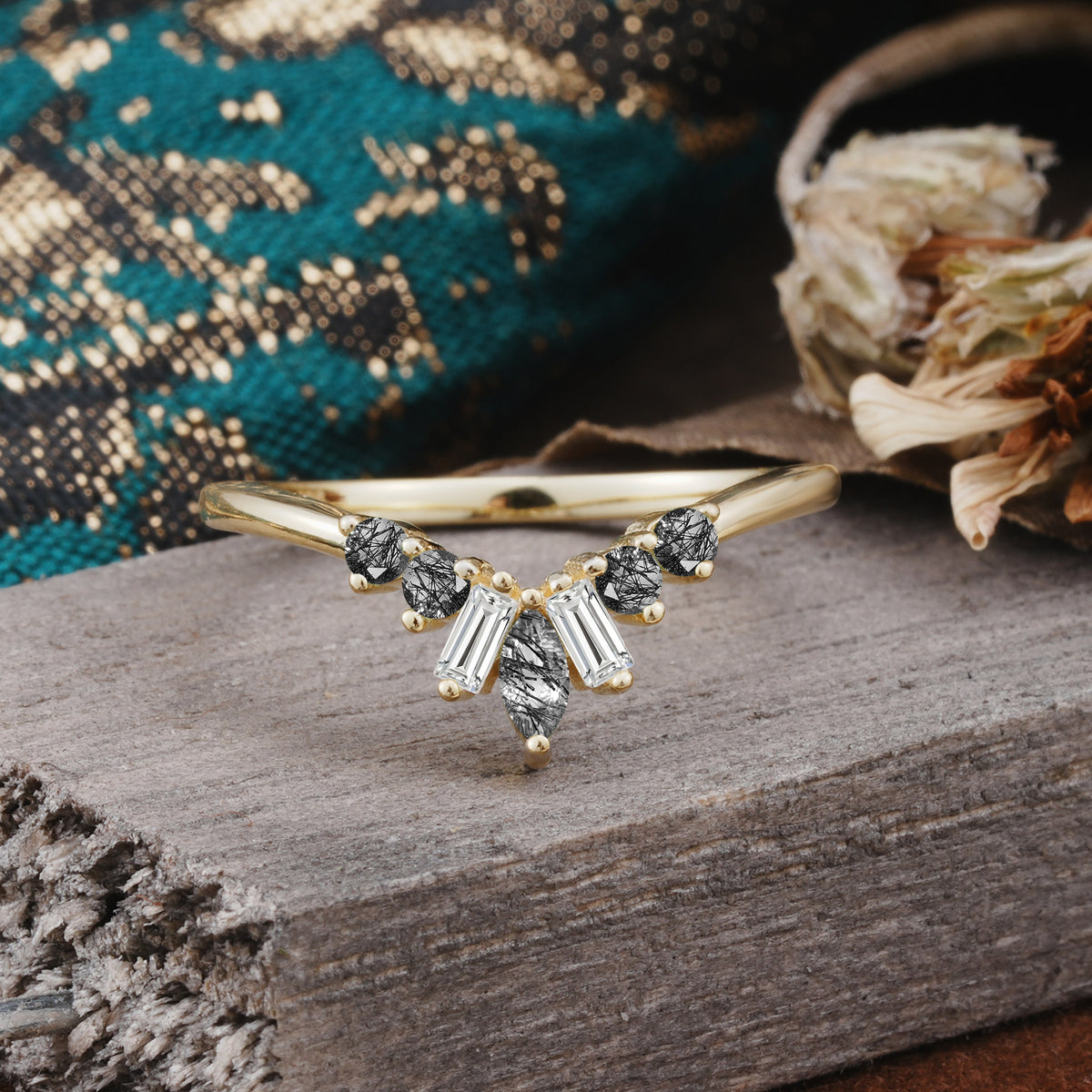 SR17216 Black Rutilated Quartz Ring - Yellow-Gold